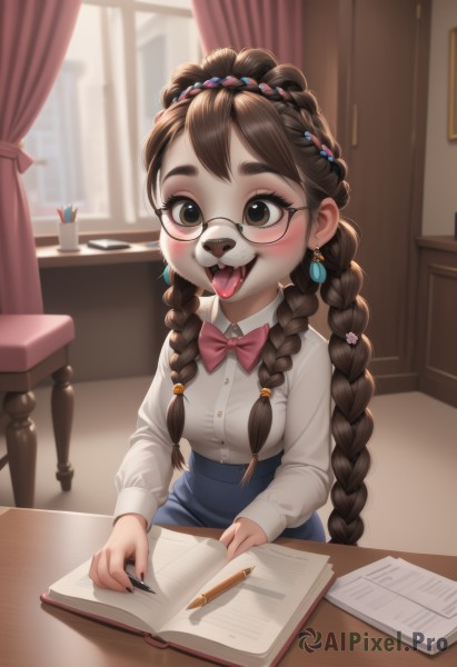 1girl,solo,long hair,breasts,blush,smile,open mouth,bangs,skirt,brown hair,shirt,hair ornament,long sleeves,bow,holding,brown eyes,jewelry,medium breasts,sitting,very long hair,white shirt,braid,hairband,earrings,glasses,teeth,day,tongue,collared shirt,artist name,indoors,tongue out,bowtie,nail polish,blurry,red bow,twin braids,blue skirt,book,window,saliva,buttons,blurry background,upper teeth only,watermark,chair,table,thick eyebrows,looking up,curtains,pink bow,black nails,web address,furry,desk,black-framed eyewear,paper,open book,round eyewear,furry female,pen,shirt tucked in,pencil,pink bowtie,notebook,holding pen,eyewear strap,looking at viewer,lips,fingernails,fangs,crown braid,multiple braids