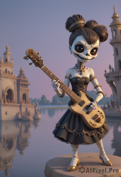 1girl,solo,breasts,looking at viewer,short hair,brown hair,dress,bare shoulders,jewelry,standing,full body,earrings,small breasts,outdoors,choker,necklace,hair bun,black eyes,black dress,strapless,double bun,mask,colored skin,ring,instrument,strapless dress,corset,armlet,skull,blue skin,music,guitar,grey skin,playing instrument,holding instrument,castle,zombie,gothic,black hair,gloves,elbow gloves,fingerless gloves,single hair bun,black nails,colored sclera,facepaint,skeleton,electric guitar