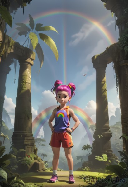 1girl,solo,looking at viewer,smile,short hair,shirt,hair ornament,bare shoulders,brown eyes,jewelry,standing,full body,pink hair,earrings,outdoors,sky,shoes,shorts,sleeveless,day,socks,cloud,hair bun,black eyes,bracelet,tree,blue sky,bare arms,sleeveless shirt,double bun,bird,sunlight,cloudy sky,tank top,blue shirt,plant,wristband,sneakers,hands on hips,palm tree,pink footwear,red shorts,rainbow,pillar,lips,leaf,grass,hair bobbles,short twintails,white socks,red footwear,pink shorts,ladybug