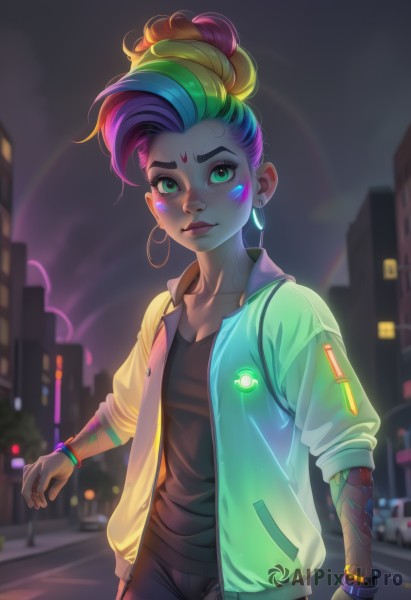 1girl,solo,breasts,looking at viewer,smile,short hair,shirt,cleavage,jewelry,closed mouth,green eyes,standing,collarbone,jacket,pink hair,purple hair,multicolored hair,cowboy shot,earrings,small breasts,outdoors,green hair,open clothes,pants,artist name,hood,hair bun,blurry,bracelet,two-tone hair,open jacket,lips,black shirt,tattoo,makeup,night,blurry background,facial mark,black pants,single hair bun,denim,lipstick,eyeshadow,freckles,hoop earrings,green jacket,city,nose,cyberpunk,neon lights,rainbow hair,blush,blonde hair,ponytail,eyelashes,building,web address,sleeves rolled up,yellow jacket,facepaint,cyborg,skyscraper,sleeves pushed up,city lights