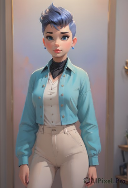 1girl,solo,breasts,looking at viewer,blush,short hair,blue eyes,shirt,long sleeves,jewelry,medium breasts,blue hair,standing,jacket,white shirt,multicolored hair,cowboy shot,earrings,open clothes,pants,artist name,indoors,necklace,nail polish,blurry,two-tone hair,open jacket,lips,fingernails,eyelashes,makeup,buttons,turtleneck,lipstick,blue jacket,casual,eyeshadow,contrapposto,asymmetrical hair,mirror,white pants,nose,arms at sides,unbuttoned,red lips,stud earrings,eyeliner,undercut,mascara,high-waist pants,denim jacket,bangs,closed mouth,collared shirt,thick eyebrows,cardigan,blue shirt,shirt tucked in,mohawk