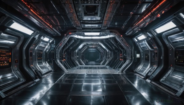 indoors,dutch angle,no humans,scenery,machinery,science fiction,realistic,tiles,cable,space,tile floor,spacecraft,lights,cockpit,robot,close-up,reflection,machine