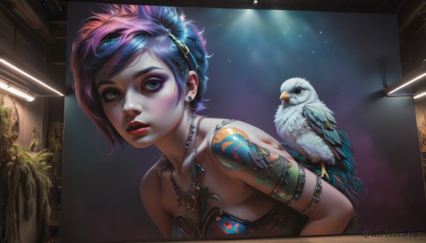 1girl,solo,breasts,looking at viewer,short hair,bangs,blue eyes,hair ornament,bare shoulders,jewelry,green eyes,blue hair,collarbone,upper body,pink hair,purple hair,multicolored hair,hairband,earrings,parted lips,sky,teeth,artist name,signature,necklace,two-tone hair,lips,eyelashes,strapless,tattoo,makeup,leaning forward,night,bird,animal,piercing,feathers,lipstick,messy hair,gem,ear piercing,star (sky),night sky,armlet,eyeshadow,starry sky,realistic,nose,red lips,eyeliner,arm tattoo,animal on shoulder,mascara,bird on shoulder,parrot,owl