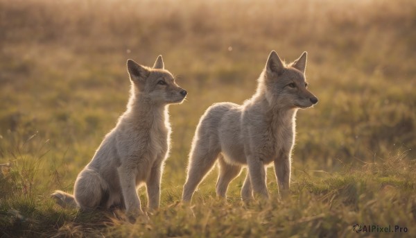 closed mouth,outdoors,day,signature,blurry,black eyes,no humans,depth of field,blurry background,animal,grass,nature,realistic,animal focus,wolf,standing,full body,profile,sunlight,field,fox