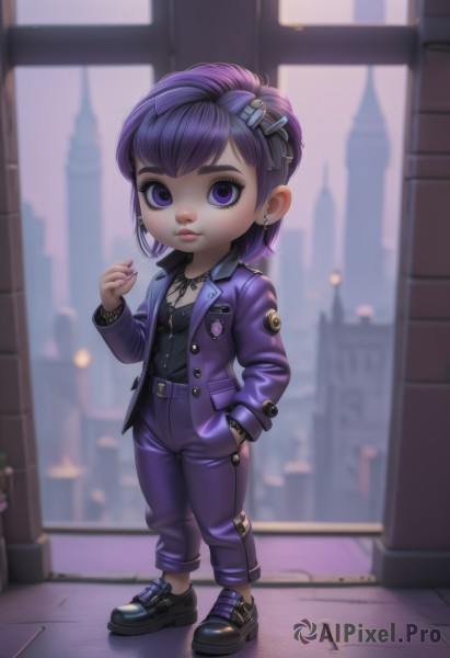 1girl,solo,breasts,looking at viewer,short hair,shirt,hair ornament,long sleeves,jewelry,closed mouth,standing,purple eyes,jacket,full body,purple hair,earrings,outdoors,food,open clothes,shoes,hairclip,belt,pants,artist name,hand up,chibi,nail polish,black footwear,blurry,open jacket,lips,black shirt,eyelashes,makeup,buttons,blurry background,piercing,ring,building,ear piercing,child,hand in pocket,lollipop,city,nose,stud earrings,purple jacket,undercut,purple pants,bangs,necklace,flat chest,window,cross