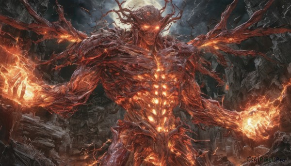 solo,looking at viewer,1boy,standing,male focus,outdoors,wings,horns,sky,teeth,orange eyes,no humans,night,glowing,moon,fire,glowing eyes,full moon,monster,electricity,giant,ruins,extra arms,lightning,destruction,cowboy shot,muscular,abs,fantasy,magic,demon