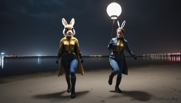 1girl,breasts,looking at viewer,short hair,multiple girls,brown hair,gloves,2girls,animal ears,standing,jacket,full body,boots,outdoors,sky,black gloves,belt,pants,black footwear,rabbit ears,coat,cosplay,night,fake animal ears,parody,knee boots,night sky,walking,blue pants,lamppost,trench coat,blonde hair,large breasts,medium breasts,weapon,cape,uniform,bodysuit,mask,helmet,staff,skin tight,black bodysuit,blue bodysuit,yellow bodysuit