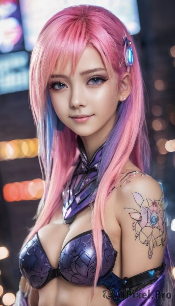 1girl,solo,long hair,breasts,looking at viewer,smile,bangs,blue eyes,hair ornament,cleavage,bare shoulders,jewelry,medium breasts,closed mouth,underwear,swimsuit,upper body,pink hair,bikini,multicolored hair,earrings,bra,blurry,two-tone hair,lips,eyelashes,tattoo,makeup,blurry background,piercing,realistic,nose,arm tattoo,bikini armor,mascara,cyberpunk,armor,eyeshadow