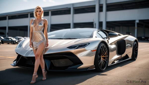 1girl,solo,breasts,looking at viewer,short hair,blonde hair,dress,cleavage,bare shoulders,brown eyes,jewelry,medium breasts,standing,full body,earrings,outdoors,parted lips,blurry,high heels,looking to the side,no bra,blurry background,white footwear,crossed legs,ground vehicle,breasts apart,motor vehicle,walking,realistic,car,vehicle focus,halter dress,toeless footwear,plunging neckline,sports car,silver dress,brown hair,underwear,day,white dress,bracelet,covered nipples,see-through,makeup,sandals,lipstick,revealing clothes,red lips