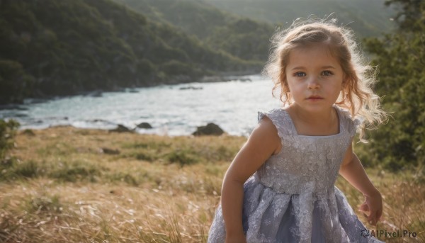 1girl,solo,long hair,looking at viewer,blue eyes,blonde hair,brown hair,dress,outdoors,sleeveless,day,water,white dress,blurry,tree,lips,sleeveless dress,depth of field,blurry background,grass,child,nature,scenery,realistic,river,lake,parted lips,ocean,beach,sunlight,wind,female child,shore