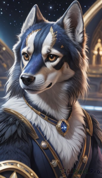 solo,smile,1boy,brown eyes,jewelry,upper body,male focus,outdoors,sky,artist name,signature,necklace,blurry,vest,no humans,night,blurry background,animal,scar,looking up,brooch,gem,star (sky),night sky,furry,starry sky,dog,furry male,animal focus,white fur,wolf,blue gemstone,red gemstone,black fur,looking at viewer,yellow eyes,fur trim,pendant,snout