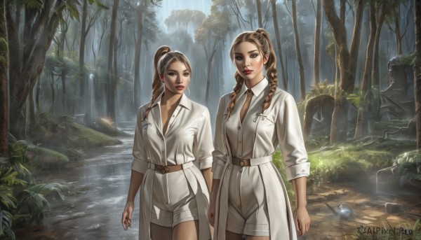 long hair,breasts,looking at viewer,multiple girls,brown hair,shirt,2girls,cleavage,brown eyes,jewelry,medium breasts,closed mouth,standing,ponytail,braid,outdoors,parted lips,necktie,shorts,day,belt,water,twin braids,tree,lips,coat,makeup,holding hands,siblings,sunlight,lipstick,nature,sleeves rolled up,forest,pocket,light rays,white shorts,realistic,white coat,red lips,river,blue eyes,white shirt,cowboy shot,earrings,collared shirt,artist name,signature,high ponytail,scenery,rain,side-by-side,moss