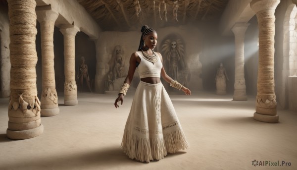 1girl,solo,long hair,breasts,blue eyes,skirt,black hair,dress,bare shoulders,jewelry,standing,full body,earrings,dark skin,necklace,hair bun,bracelet,dark-skinned female,sunlight,single hair bun,long skirt,light rays,pillar,statue,egyptian,egyptian clothes,dreadlocks,column,looking at viewer,navel,midriff,indoors,crop top,realistic,very dark skin