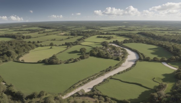 outdoors,sky,day,cloud,water,tree,blue sky,no humans,ocean,cloudy sky,grass,nature,scenery,forest,mountain,horizon,road,green theme,river,landscape,hill,from above,bush,field,shore,path