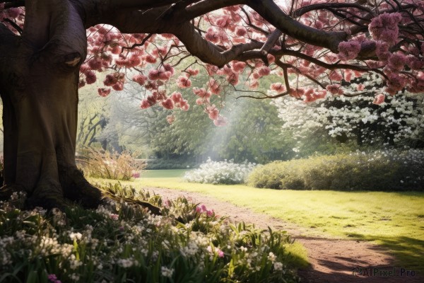 flower,outdoors,day,tree,no humans,sunlight,grass,white flower,cherry blossoms,nature,scenery,pink flower,forest,branch,field,dappled sunlight,landscape,path,realistic