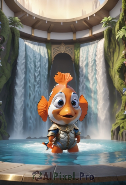 1girl,solo,smile,open mouth,standing,weapon,teeth,sword,water,armor,black eyes,no humans,leaf,plant,furry,wading,fish,waterfall,gloves,orange hair,tree,furry female,fins