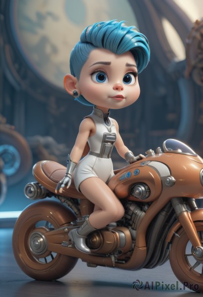 1girl,solo,looking at viewer,short hair,blue eyes,gloves,dress,bare shoulders,jewelry,sitting,closed mouth,blue hair,full body,earrings,boots,sleeveless,white gloves,chibi,white dress,blurry,lips,blurry background,short dress,ground vehicle,motor vehicle,ankle boots,stud earrings,grey footwear,motorcycle,zipper,asymmetrical hair,mohawk,short jumpsuit