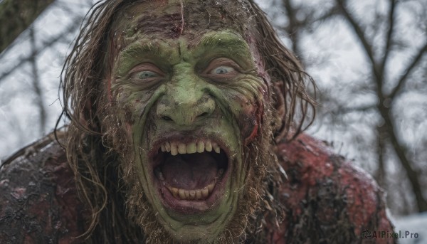 solo,looking at viewer,open mouth,brown hair,1boy,male focus,outdoors,teeth,armor,blurry,tree,colored skin,portrait,snow,monster,realistic,green skin,bare tree,orc,blue eyes,tongue,grey eyes,blurry background,parody,horror (theme)