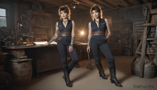 breasts,looking at viewer,short hair,multiple girls,brown hair,black hair,2girls,cleavage,bare shoulders,jewelry,medium breasts,standing,weapon,earrings,boots,sleeveless,choker,belt,pants,sword,indoors,necklace,black footwear,bracelet,window,tattoo,ring,knee boots,arm tattoo,leather,hammer,barrel,crate,smile,blonde hair,full body,book,desk