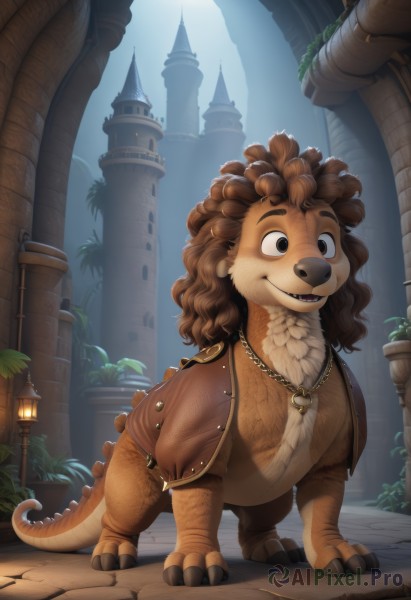 solo,smile,open mouth,brown hair,brown eyes,jewelry,standing,jacket,tail,full body,outdoors,teeth,day,artist name,signature,necklace,black eyes,tree,no humans,fangs,plant,building,claws,furry,brown jacket,lamppost,brown fur,heart,sky,animal,curly hair,fantasy