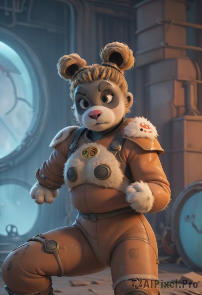 1girl,solo,looking at viewer,smile,blonde hair,animal ears,brown eyes,closed mouth,sweat,indoors,hair bun,armor,blurry,fur trim,cosplay,double bun,thick eyebrows,shoulder armor,furry,1other,furry female,short hair,brown hair,gloves,bear ears,dirty,brown fur,dirty face