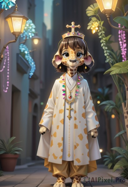 1girl,solo,looking at viewer,smile,short hair,brown hair,long sleeves,animal ears,brown eyes,jewelry,standing,full body,flower,earrings,outdoors,barefoot,pants,wide sleeves,necklace,blurry,night,blurry background,cross,crown,plant,building,gem,child,black nails,furry,1other,robe,furry female,female child,potted plant,brown pants,cross necklace,lamppost,street,pavement,blush,bangs,closed mouth,tail,artist name,flat chest,dog ears,arms at sides,dog girl,brown fur