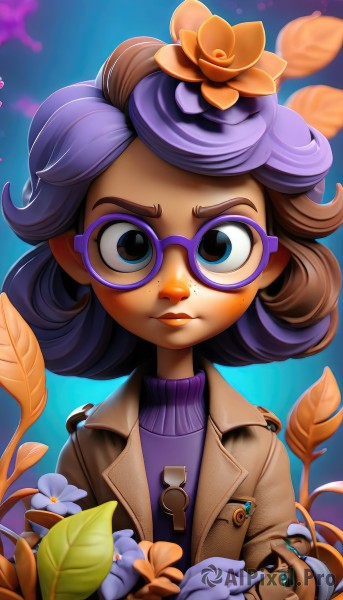 1girl,solo,looking at viewer,short hair,blue eyes,brown hair,hair ornament,gloves,closed mouth,jacket,upper body,purple hair,flower,multicolored hair,glasses,artist name,hair flower,dark skin,sweater,dark-skinned female,lips,coat,eyelashes,makeup,turtleneck,leaf,thick eyebrows,lipstick,eyeshadow,ribbed sweater,freckles,brown jacket,round eyewear,purple flower,purple-framed eyewear,open clothes,watermark,child,key