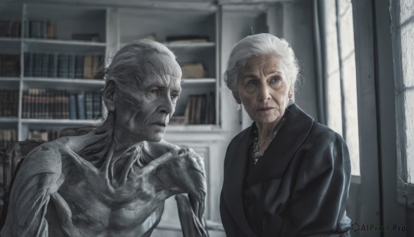 1girl,looking at viewer,short hair,blue eyes,1boy,dress,jewelry,closed mouth,upper body,white hair,earrings,indoors,hair bun,blurry,lips,grey eyes,book,window,blood,chair,single hair bun,realistic,bookshelf,hand on another's shoulder,old,old man,statue,horror (theme),old woman,wrinkled skin,grey hair,necklace,black dress,scar,monster