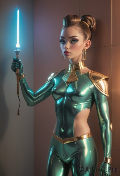 1girl,solo,breasts,looking at viewer,blush,short hair,blue eyes,brown hair,gloves,holding,jewelry,medium breasts,standing,weapon,earrings,small breasts,shiny,sword,hair bun,holding weapon,covered nipples,lips,bodysuit,covered navel,makeup,glowing,single hair bun,lipstick,skin tight,shiny clothes,hoop earrings,black bodysuit,latex,glowing weapon,energy sword,latex bodysuit,lightsaber,brown eyes,dark skin,dark-skinned female,cameltoe,science fiction,realistic