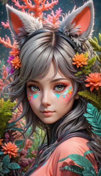 1girl,solo,long hair,looking at viewer,smile,bangs,hair ornament,animal ears,closed mouth,green eyes,yellow eyes,upper body,flower,grey hair,hairband,artist name,cat ears,hair flower,blurry,from side,lips,animal ear fluff,fox ears,eyelashes,makeup,swept bangs,leaf,watermark,facial mark,plant,portrait,pink shirt,pink lips,nose,facepaint,orange flower,mascara,coral,shirt,black hair,brown eyes,jewelry,earrings,fake animal ears,web address,fish,underwater,starfish