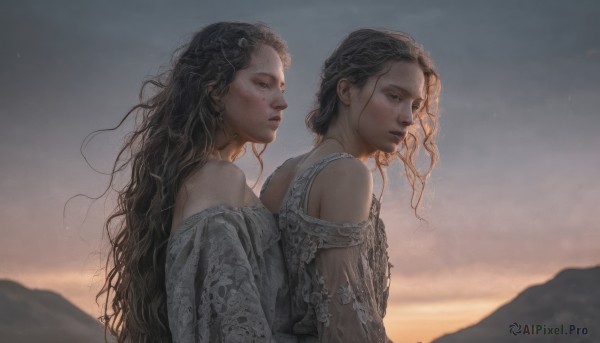 long hair,looking at viewer,multiple girls,brown hair,black hair,dress,2girls,bare shoulders,brown eyes,closed mouth,upper body,outdoors,sky,off shoulder,white dress,from side,lips,profile,siblings,wavy hair,sisters,freckles,curly hair,sunset,twins,mountain,realistic,mole,sunlight,dusk