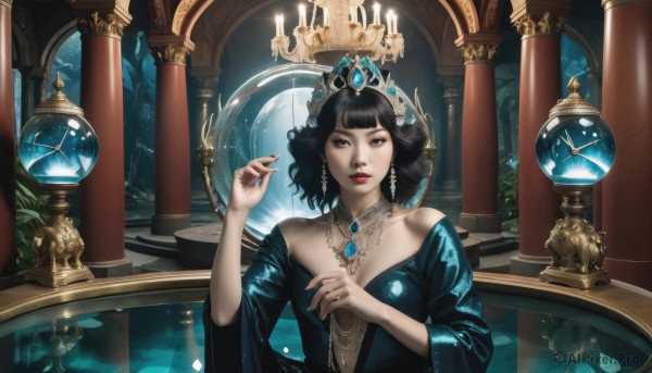 1girl,solo,breasts,looking at viewer,short hair,bangs,black hair,long sleeves,dress,cleavage,bare shoulders,jewelry,medium breasts,upper body,earrings,parted lips,indoors,wide sleeves,blunt bangs,water,necklace,off shoulder,nail polish,black eyes,lips,fingernails,makeup,blue dress,tiara,crown,lipstick,gem,pendant,reflection,mirror,fantasy,off-shoulder dress,red lips,candle,hair ornament,brown eyes,mole,hands up,plant,long fingernails,realistic,pillar,blue gemstone