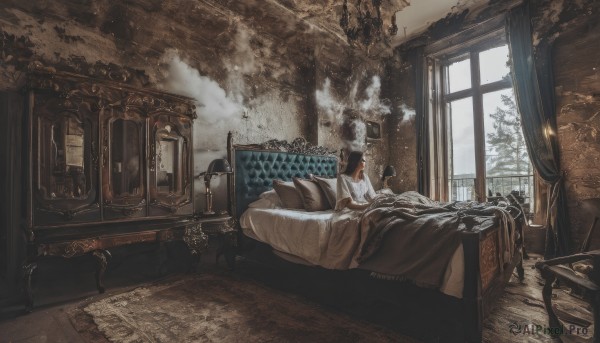 1girl,solo,black hair,1boy,sitting,lying,day,cloud,indoors,tree,pillow,book,window,bed,bed sheet,on bed,chair,sleeping,curtains,steam,scenery,couch,smoke,blanket,wide shot,carpet,dress,barefoot,white dress,table,facing away,lamp