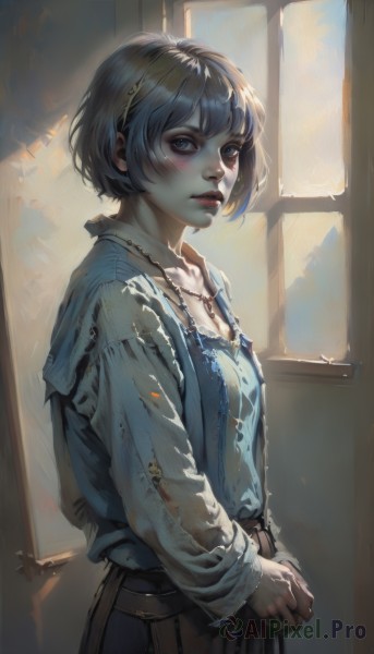 1girl,solo,breasts,looking at viewer,blush,short hair,bangs,blue eyes,skirt,shirt,long sleeves,jewelry,standing,jacket,grey hair,cowboy shot,hairband,parted lips,artist name,indoors,necklace,from side,lips,window,sunlight,own hands together,blue shirt,backlighting,realistic,nose,black hair,dress,upper body,small breasts,blue dress,ring