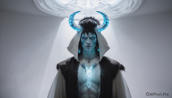 solo,looking at viewer,blue eyes,black hair,1boy,jewelry,closed mouth,upper body,male focus,earrings,open clothes,horns,necklace,fur trim,muscular,glowing,colored skin,facial mark,abs,pectorals,muscular male,gem,veil,glowing eyes,blue theme,crystal,blue skin,grey skin,straight-on,blue horns,blue sclera,simple background,white background