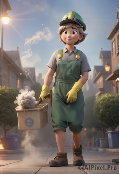 1girl,solo,looking at viewer,blush,smile,short hair,brown hair,shirt,gloves,1boy,hat,holding,brown eyes,closed mouth,standing,full body,short sleeves,male focus,boots,outdoors,sky,shoes,day,collared shirt,artist name,blurry,black eyes,tree,brown footwear,building,smoke,green headwear,overalls,lamppost,yellow gloves,uniform,thick eyebrows,brown gloves