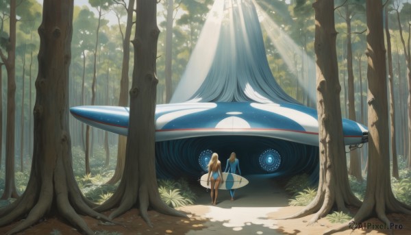 1girl,long hair,multiple girls,blonde hair,brown hair,1boy,2girls,standing,swimsuit,outdoors,day,from behind,tree,sunlight,nature,scenery,forest,innertube,light rays,sunbeam,dress,holding,white dress,holding hands,umbrella,robot,science fiction,aircraft,vehicle focus,planet,spacecraft