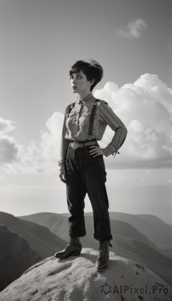 1girl,solo,short hair,shirt,long sleeves,jewelry,closed mouth,standing,monochrome,full body,ponytail,greyscale,earrings,boots,outdoors,sky,belt,pants,cloud,hair bun,bracelet,lips,hand on hip,looking to the side,suspenders,cloudy sky,cross-laced footwear,spot color,nose,black hair,hair ornament,striped,scenery,vertical stripes,striped shirt