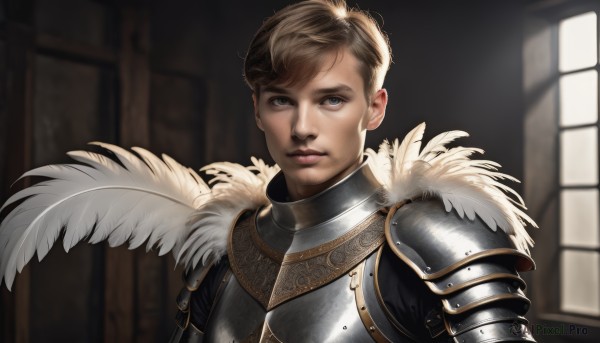 solo,looking at viewer,short hair,blue eyes,blonde hair,brown hair,1boy,closed mouth,upper body,male focus,indoors,armor,blurry,lips,fur trim,window,blurry background,feathers,shoulder armor,pauldrons,breastplate,realistic,nose,bangs,parted lips,grey eyes,sunlight,portrait,fur collar,knight