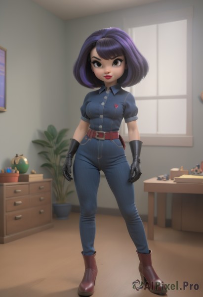 1girl,solo,breasts,looking at viewer,smile,short hair,bangs,shirt,black hair,gloves,brown eyes,medium breasts,closed mouth,standing,full body,purple hair,short sleeves,boots,black gloves,puffy sleeves,collared shirt,belt,pants,artist name,indoors,medium hair,puffy short sleeves,lips,window,makeup,buttons,brown footwear,table,bob cut,blue shirt,plant,denim,lipstick,jeans,belt buckle,blue pants,red lips,potted plant,brown belt,shelf,dark skin,high heels,dark-skinned female,high heel boots,explosive