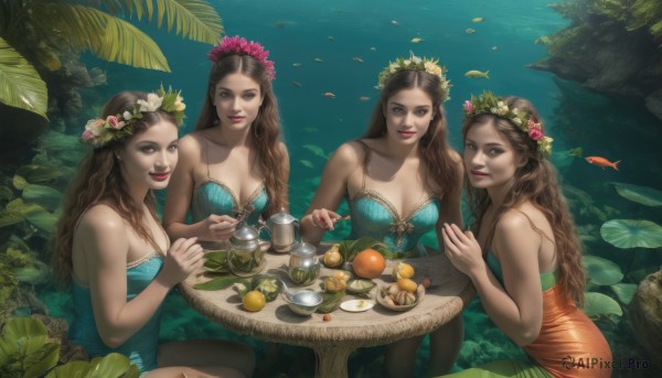 long hair,breasts,looking at viewer,smile,multiple girls,brown hair,hair ornament,dress,cleavage,bare shoulders,brown eyes,medium breasts,sitting,flower,outdoors,parted lips,food,sleeveless,hair flower,water,nail polish,cup,lips,bare arms,strapless,4girls,makeup,fruit,sleeveless dress,blue dress,leaf,wavy hair,table,plant,strapless dress,plate,fish,teacup,realistic,red lips,teapot,head wreath,tea,lily pad,bangs,large breasts,jewelry,closed mouth,collarbone,braid,teeth,artist name,necklace,knife,pink flower,green dress,underwater,spoon,spaghetti strap,saucer,orange (fruit),orange dress,lake