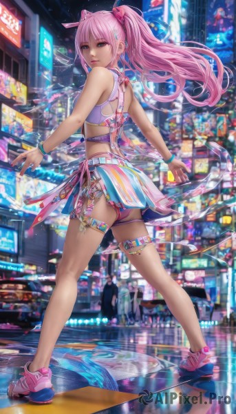 1girl,solo,long hair,looking at viewer,smile,bangs,blue eyes,skirt,hair ornament,bow,bare shoulders,twintails,jewelry,underwear,standing,panties,full body,pink hair,ass,hair bow,shoes,midriff,belt,looking back,miniskirt,from behind,bracelet,lips,crop top,legs,thigh strap,sneakers,reflection,city,pink footwear,breasts,ponytail,earrings,outdoors,nail polish,bare legs,night,floating hair,piercing,ear piercing,pink skirt,sports bra,neon lights