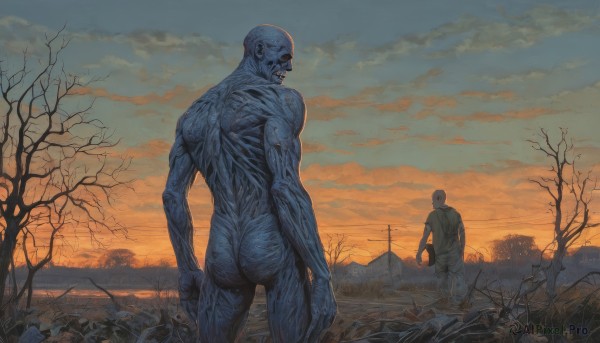 1boy,standing,ass,male focus,nude,outdoors,multiple boys,sky,cloud,2boys,from behind,tree,muscular,back,scenery,sunset,monster,bald,giant,bare tree,twilight,alien,horror (theme),holding,weapon,pants,looking at another,cloudy sky,grass,power lines,zombie,orange sky,corpse,barbed wire