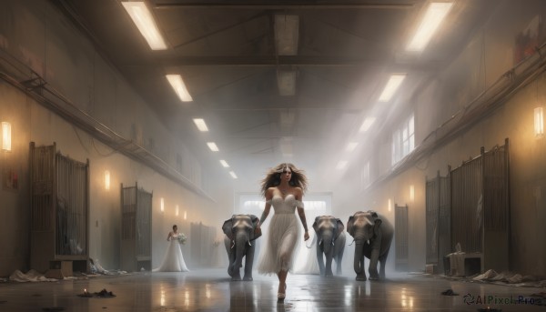 1girl,solo,long hair,breasts,multiple girls,brown hair,black hair,dress,2girls,bare shoulders,standing,flower,barefoot,indoors,dark skin,water,white dress,dark-skinned female,strapless,blood,animal,sunlight,reflection,walking,light rays,bouquet,wedding dress,horse,death,gloves,cleavage,elbow gloves,white gloves,window,tiara,veil,strapless dress,long dress,bridal veil,bride,wedding