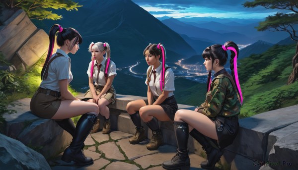 long hair,breasts,smile,bangs,multiple girls,skirt,brown hair,shirt,black hair,twintails,medium breasts,sitting,school uniform,jacket,closed eyes,white shirt,ponytail,pink hair,white hair,short sleeves,multicolored hair,boots,outdoors,necktie,sky,shoes,shorts,socks,belt,cloud,black skirt,bag,black footwear,looking at another,uniform,two-tone hair,tree,kneehighs,4girls,squatting,suspenders,scenery,cigarette,mountain,smoking,camouflage,camouflage jacket,streaked hair,smoke,belt boots,combat boots