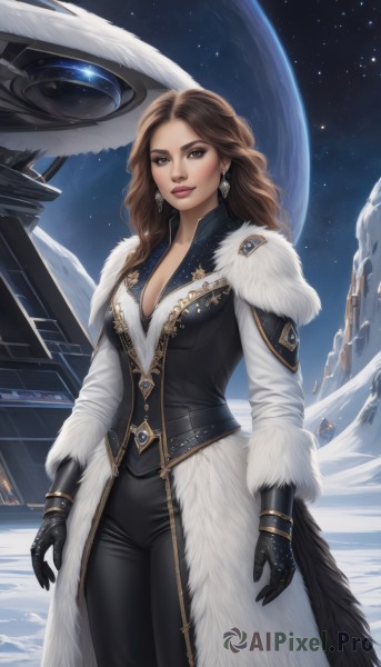 1girl,solo,long hair,breasts,looking at viewer,smile,brown hair,gloves,long sleeves,cleavage,brown eyes,jewelry,medium breasts,standing,earrings,sky,black gloves,pants,vest,bracelet,lips,coat,fur trim,makeup,night,watermark,wavy hair,black pants,star (sky),web address,snow,starry sky,science fiction,nose,space,planet,earth (planet),spacecraft,large breasts,cowboy shot,lipstick,realistic,white coat