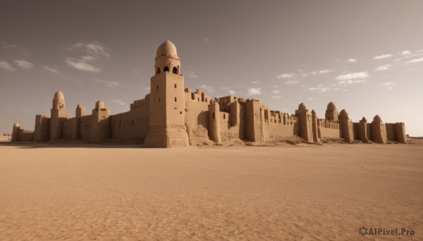 outdoors,sky,day,cloud,blue sky,no humans,cloudy sky,building,scenery,sand,ruins,castle,desert,rock,arch,dust