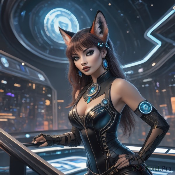 1girl,solo,long hair,breasts,looking at viewer,bangs,brown hair,hair ornament,gloves,animal ears,cleavage,bare shoulders,brown eyes,jewelry,medium breasts,standing,cowboy shot,earrings,parted lips,black gloves,elbow gloves,cat ears,fingerless gloves,blurry,lips,hand on hip,clothing cutout,bodysuit,makeup,blurry background,cleavage cutout,lipstick,gem,bridal gauntlets,science fiction,nose,red lips,blue eyes,black hair,dress,closed mouth,upper body,detached sleeves,belt,artist name,indoors,signature,armpits,nail polish,fingernails,eyelashes,night,black nails,eyeshadow,realistic,railing,eyeliner,mascara