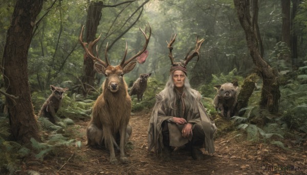 solo,long hair,smile,1boy,hat,white hair,male focus,outdoors,tree,facial hair,animal,squatting,nature,scenery,beard,forest,antlers,old,old man,deer,bird,leaf,sunlight