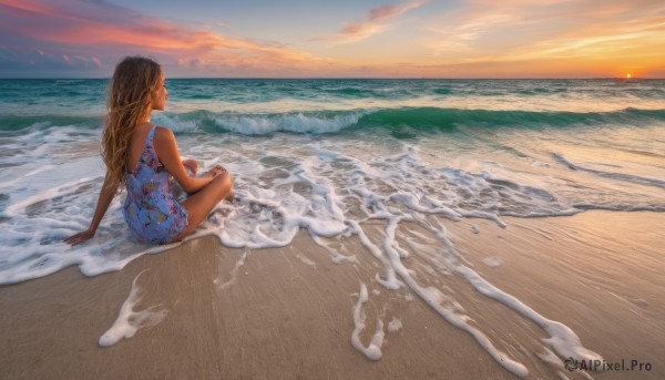 1girl, solo, long hair, brown hair, dress, sitting, swimsuit, outdoors, sky, barefoot, cloud, water, from behind, one-piece swimsuit, ocean, arm support, beach, sunset, sand, horizon, waves